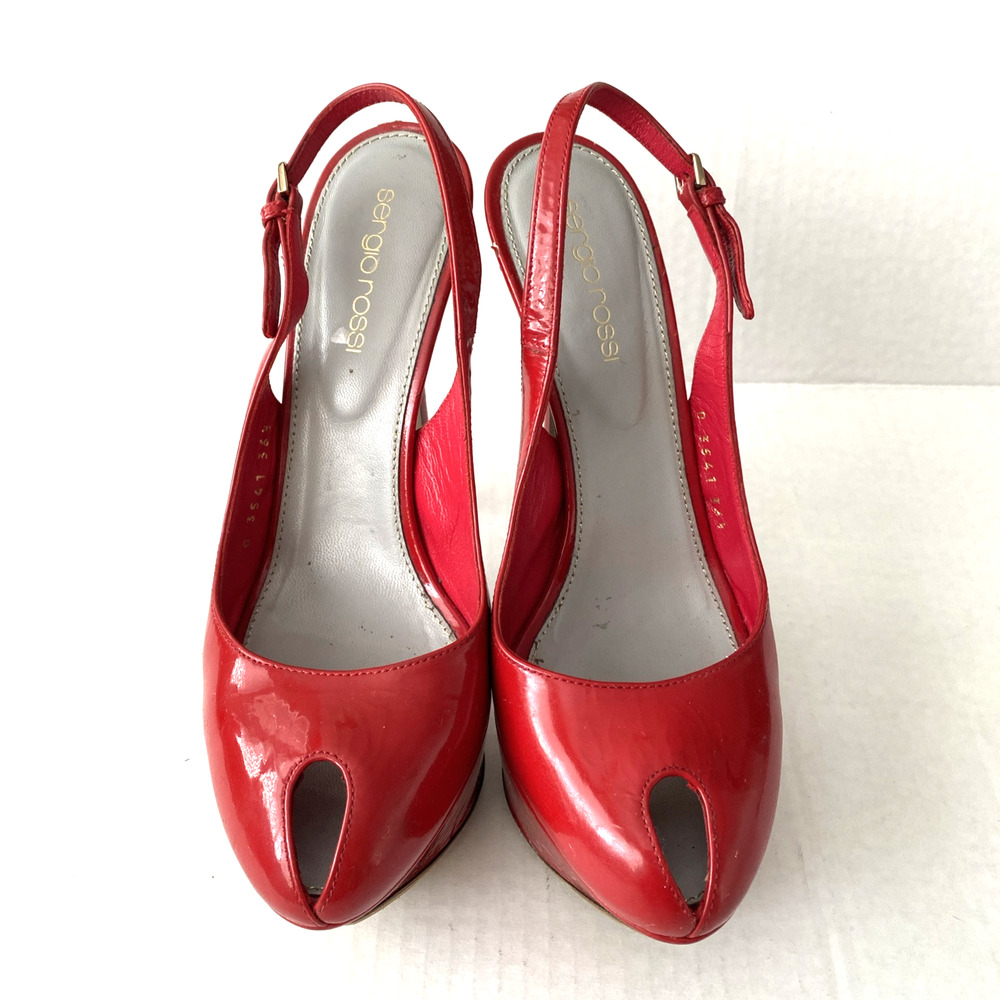 Sergio Rossi Pump Cachet Red Peep Patent Leather Platform Slingback Slim… - Picture 2 of 12